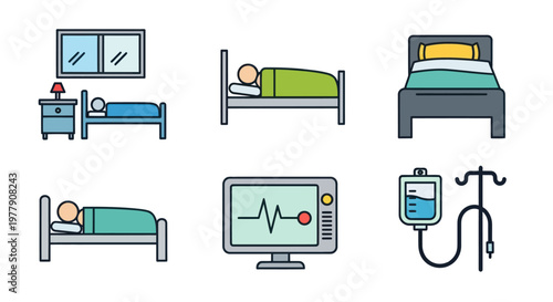 Hospital Bed Icon Set: Patient Care, Medical Equipment, and Recovery Illustrations