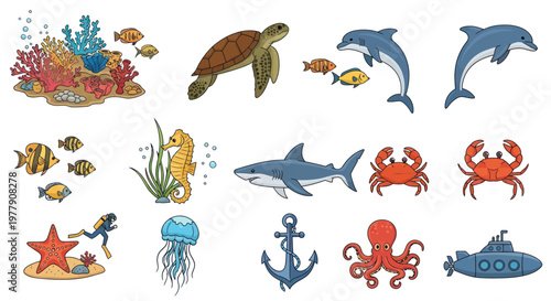 Underwater World Collection: Marine Life, Coral Reef, Diver, Submarine, Anchor