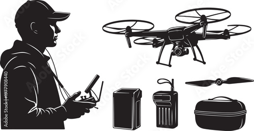 Man operating drone with controller and accessories in view