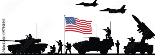 Military silhouettes with American flag, black army icons for veterans day, patriotic defense and war design