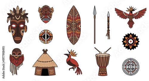 African Tribal Art Elements: Masks, Hut, Drum, Shield, Spear, Bird Icons
