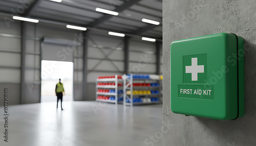Green first aid kit box with white cross symbol mounted on concrete wall in industrial warehouse. Worker in safety vest stands near open bay door in background. Industrial Safety & Workplace