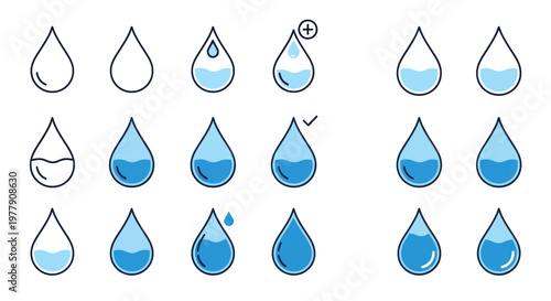 Water Drop Icons: Liquid Level Indicator, Fluid Volume, Purity, Freshness, Hydration, Cleanliness