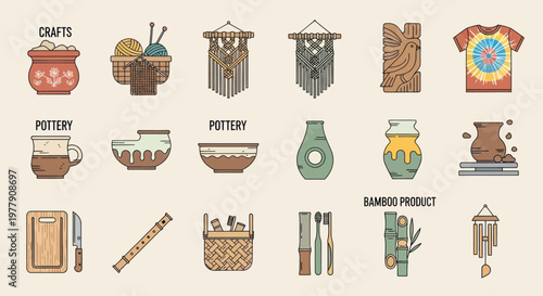 Handmade Crafts Collection: Pottery, Macrame, Tie-Dye, Wood Carving, Bamboo Art