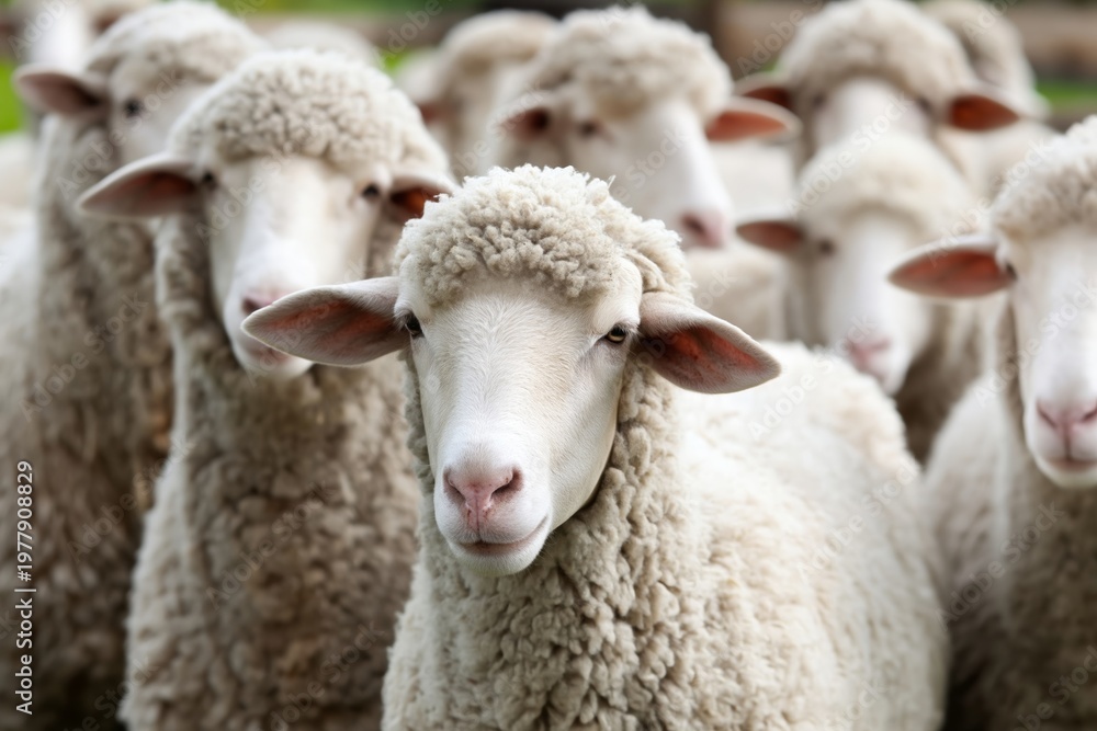 Obraz premium Flock of sheep grazing in a green pasture