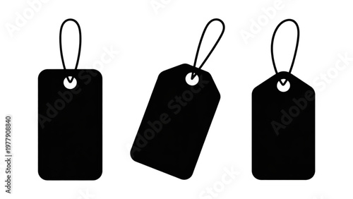 Three black price tags attached to strings for retail product labeling Vector