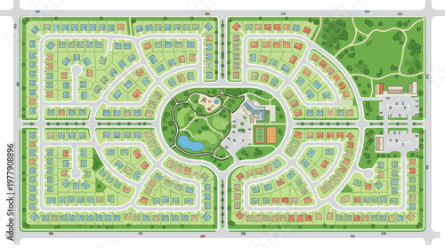 Top View Master Plan of a Residential Suburban Neighborhood with Houses, Parks, and Community Facilities