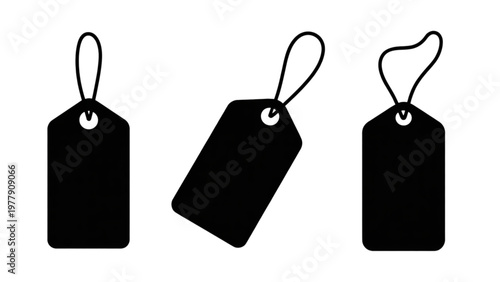 Three black price tags attached with strings in a row Vector