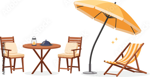 Summer Outdoor Patio Furniture Set with Wooden Table Chairs Beach Umbrella and Lounge Chair Vector Illustration for Vacation Travel Design.