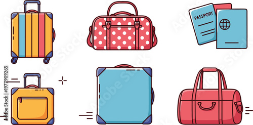 Travel Luggage and Accessory Collection Featuring Colorful Suitcases Duffel Bags and Passports Vector Illustration for Vacation Journey Planning.