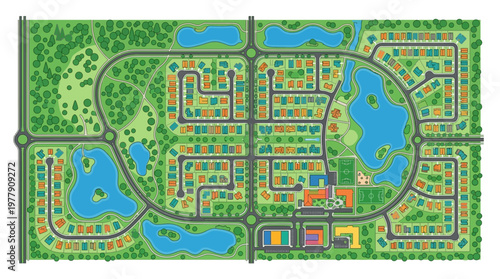Suburban Neighborhood Master Plan Vector: Top-Down Residential Community Map with Parks, Lakes, and Infrastructure Design