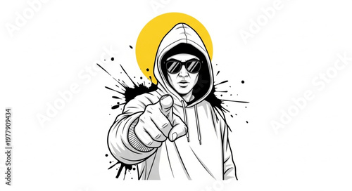 Intense Gaze - Hooded Figure with Sunglasses Points Forward.