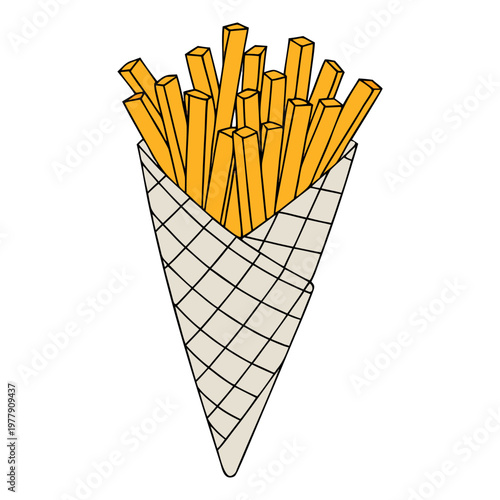 A tasty stack of crispy potato fries and a vector illustration of a pencil and eraser are isolated objects on white.