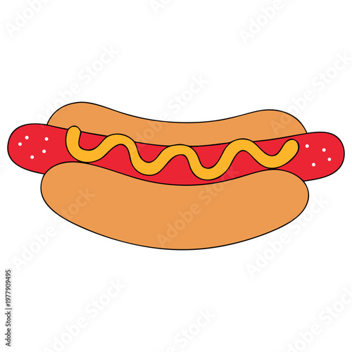 Delicious hot dog vector illustration featuring a savory beef sausage with yellow mustard on a soft bread bun isolated as a fast food snack.
