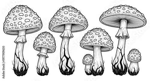 Detailed Line Art Illustration of a Group of Amanita Mushrooms.