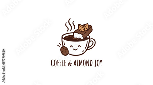 Cute Cartoon Coffee in Mug with Almond Candy