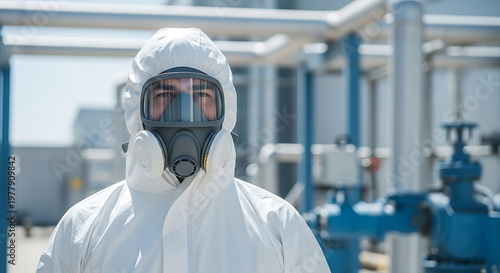 a person wearing a white hazmat suit and full-face respirator mask stands in a chemical industrial plant for safety measures