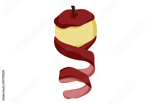 Apple Peel Vector Illustration, Red Apple with Long Spiral Skin, Fruit Peeling Clipart