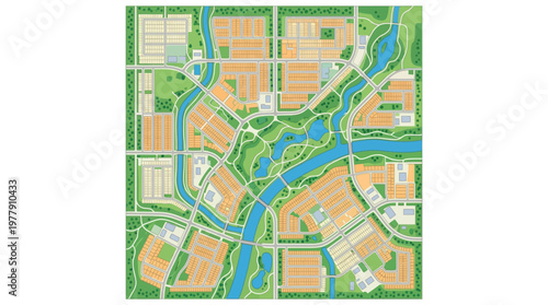 Aerial View Urban City Map Illustration with Residential Districts, Parks, and River for Sustainable Town Planning and Real Estate Development