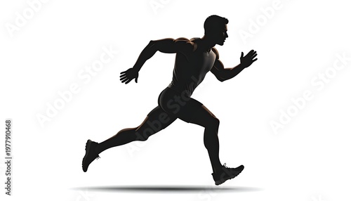 A silhouette of a muscular man in motion, mid-stride, showcasing athleticism and speed. The image uses contrasting light and shadow