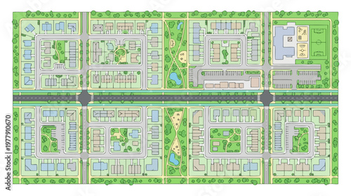 Top View Vector Illustration of a Modern Suburban Neighborhood Master Plan with Residential Houses, Green Parks, Streets, and Community Infrastructure