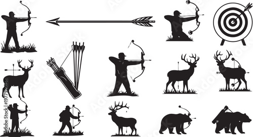 Hunting Silhouettes with Bows and Arrows in Black Color