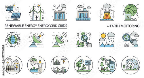 Renewable Energy & AI Earth Monitoring Icons: Solar, Wind, Hydro, Nuclear, Satellites, Climate