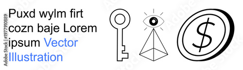 Finance, security, encryption, wealth, surveillance, technology. Key, eye on pyramid dollar coin symbols. ion of finance and security concepts focusing on encryption and wealth