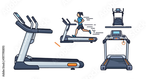 Treadmill Exercise Set: Woman Running, Machine Views