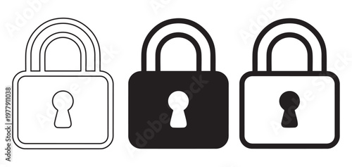 Four padlocks with different states of security and one broken lock