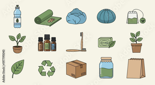 Eco-friendly living icons: sustainability, zero waste, natural products, health & wellness