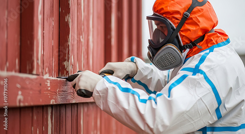 worker in hazmat suit respirator mask lead paint removal on wooden wall for asbestos abatement.