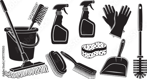 Cleaning tools and supplies in black and white illustration