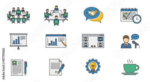 Business Meeting Icons: Collaboration, Presentation, Planning, Communication, Success