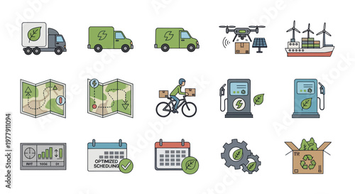 Eco-friendly Logistics Icons: Green Delivery Vehicles, Drone, Map, Bike, Fuel Pump