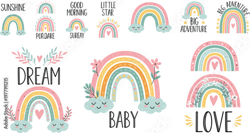 Collection of cute pastel rainbow illustrations and nursery quotes featuring smiling clouds flowers and hearts for baby shower cards and children's room decor.