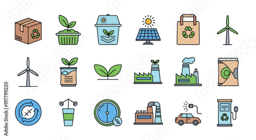 Eco-friendly icons: renewable energy, recycling, sustainability, green technology