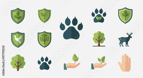 Nature Conservation Icons: Shield, Paw Print, Tree, Deer, Hand and Leaf