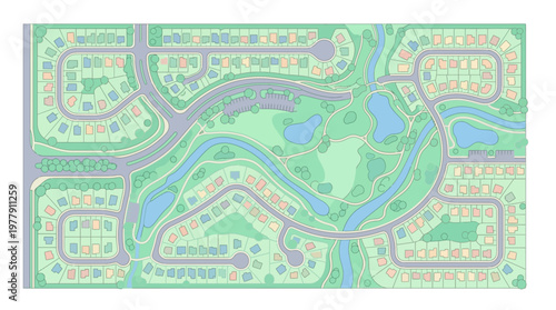 Top Down View of a Residential Master Plan Neighborhood with Green Spaces, River, and Modern Urban Subdivision Layout