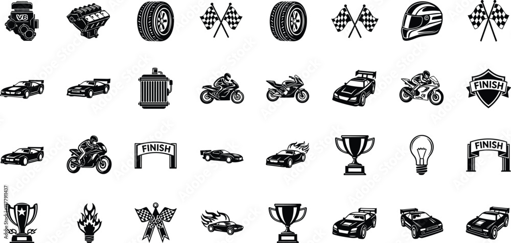 Fototapeta premium Large collection of auto racing and motorsport icons featuring sports cars motorcycles engines checkered flags trophies and finish line banners for competition.