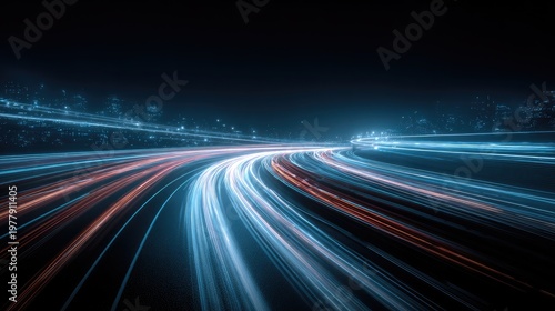 Dynamic light trails of vehicles on a busy highway at night with a city skyline in the background