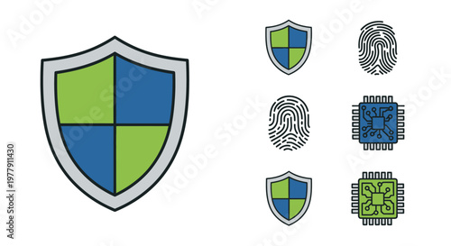 Digital Security Icons: Shield, Fingerprint, Microchip - Data Protection Concept