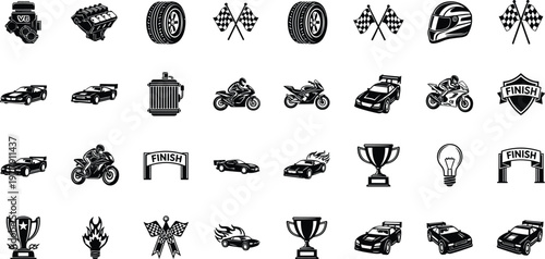 Large collection of auto racing and motorsport icons featuring sports cars motorcycles engines checkered flags trophies and finish line banners for competition.