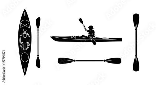 Kayaking Silhouette: Person Paddling, Kayak, and Oars Isolated on White