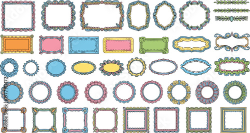 Large collection of colorful hand drawn vintage frames and borders in various shapes including circles rectangles and ovals for decorative graphic design projects.