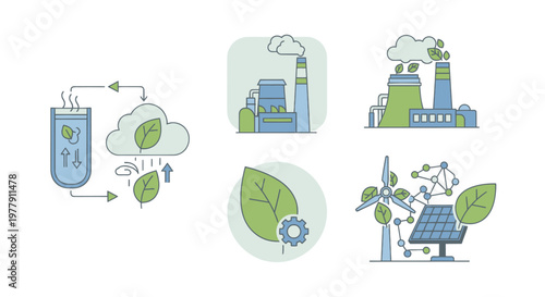 Green Energy Icons: Sustainable Industry, Renewable Power, Eco-Friendly Manufacturing
