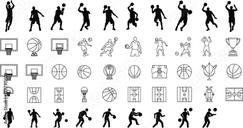 Large collection of basketball silhouettes and line icons featuring players in action sports equipment hoops courts and winner trophies for competition.