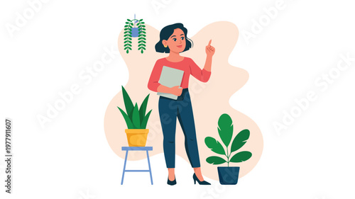 A confident woman stands next to houseplants, presenting an idea or giving instructions