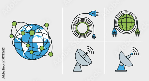 Global Network Connection and Communication Icons: Earth, Satellite Dish, Cables