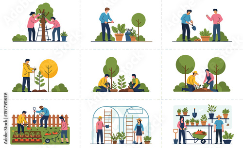 Set of flat vector illustrations featuring people gardening working in greenhouses planting trees and maintaining backyards for landscaping services.